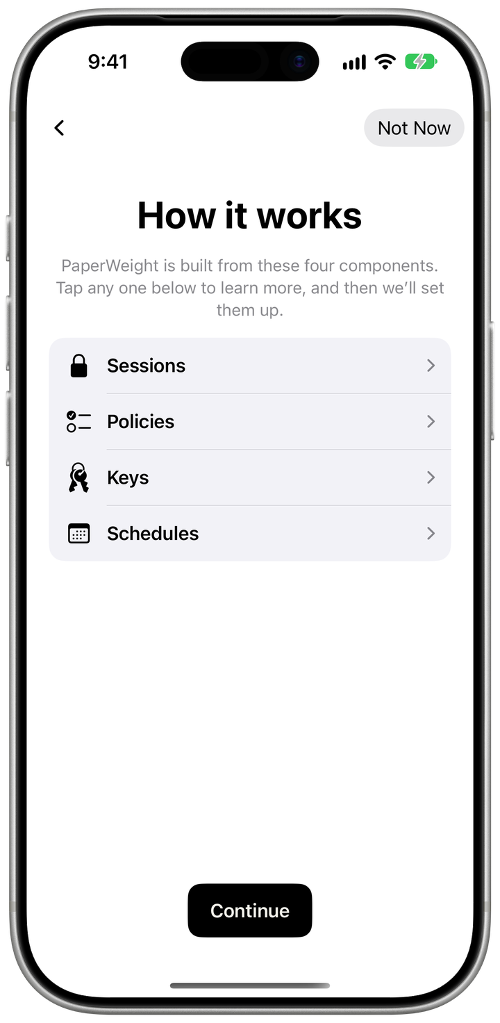 An onboarding screen explaining four ideas: Session, Policy, Key and Schedule