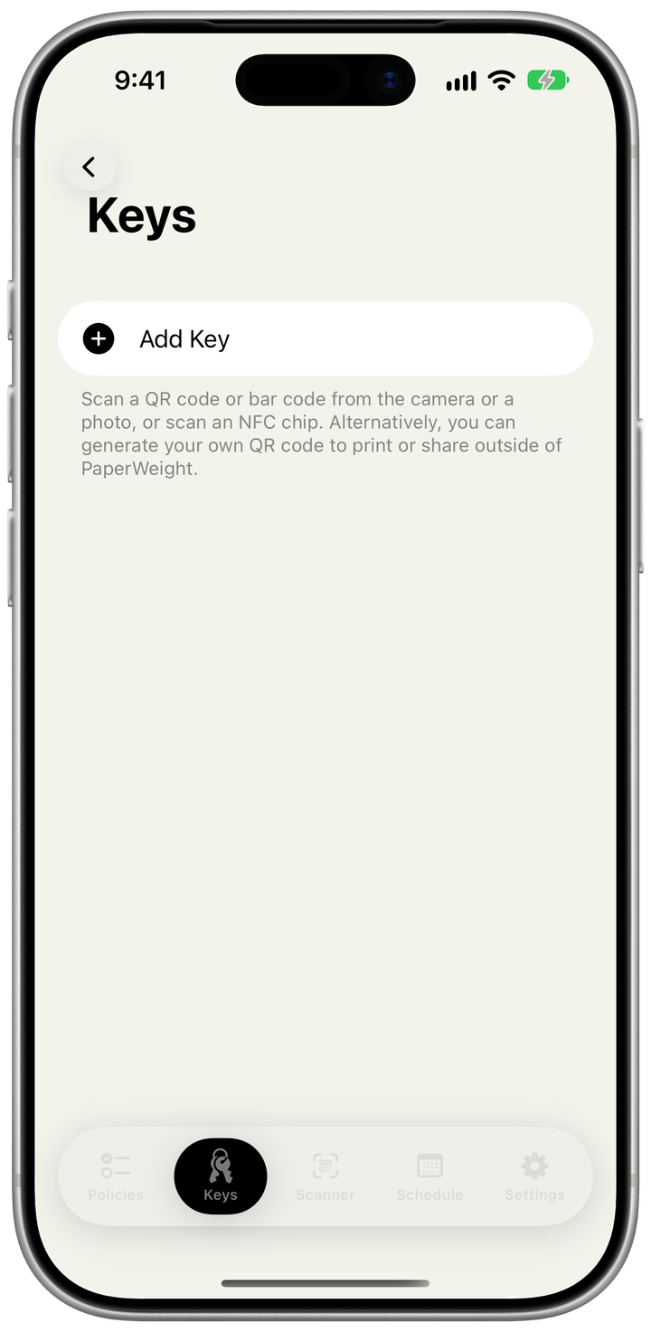 The Keys tab, explaining that keys come from QR codes, bar codes, NFC chips or photos