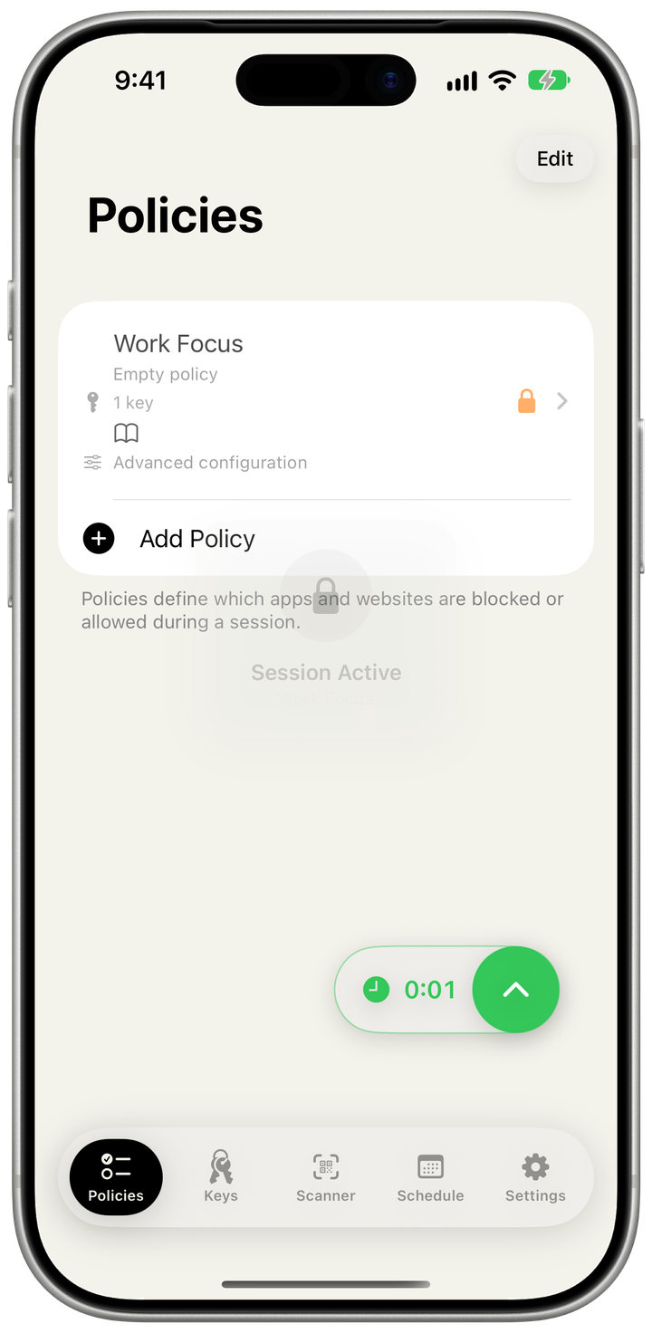 The Policies tab showing a Work Focus policy while a session is active
