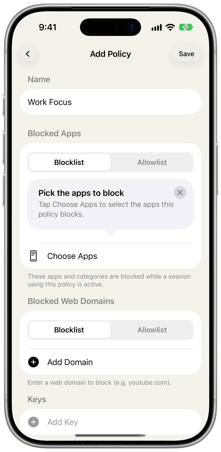 Editing a policy: blocklist or allowlist for apps, blocked web domains, and assigned keys